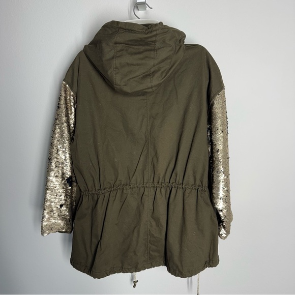 Zara Color-Changing Sequin Sleeve Parka Olive Green Utility Jacket Shiny Size S - Picture 7 of 15